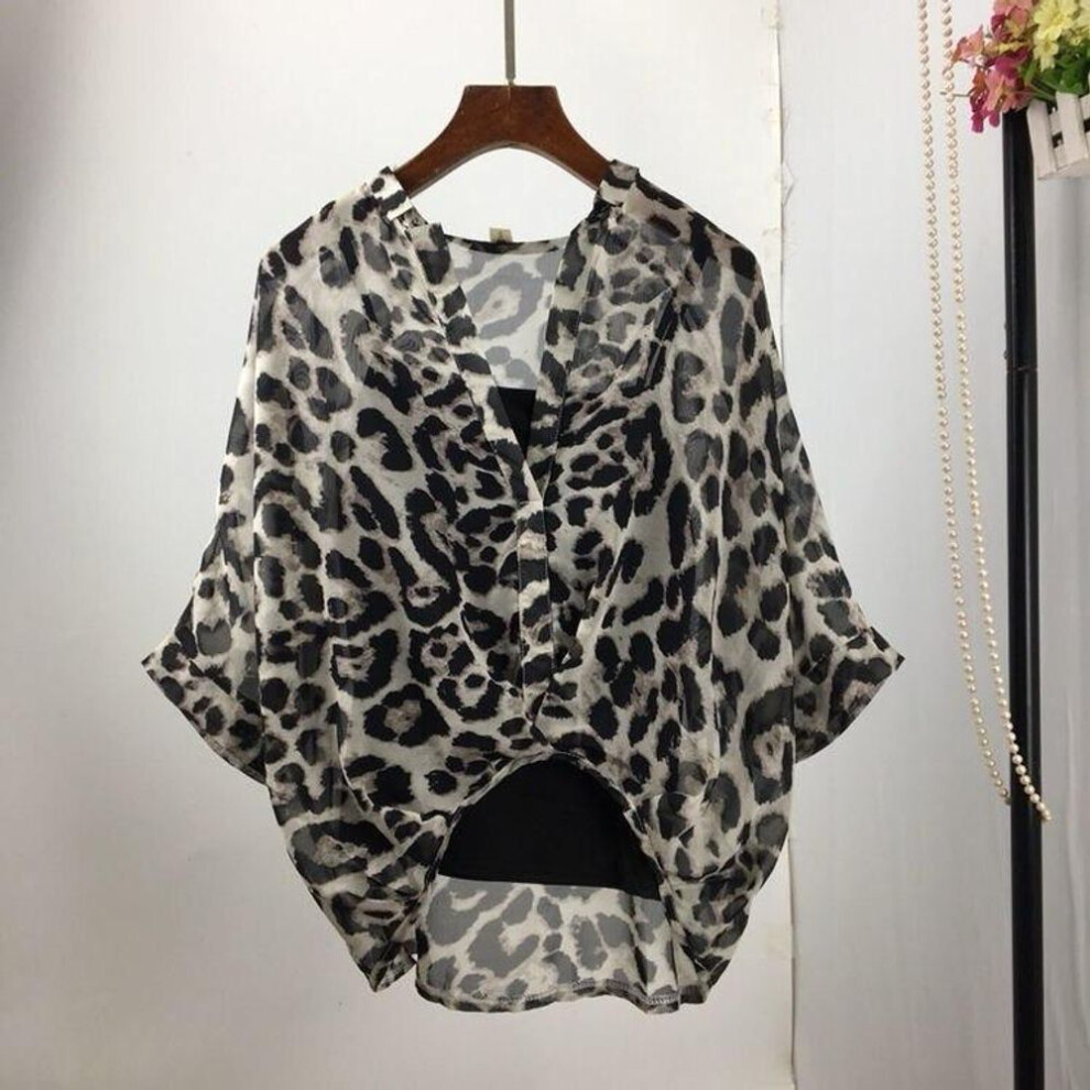 (OneSize, wow) Two Piece Set Tops Leopard Chiffon Shirts Summer Half Sleeve Loose V-neck Women Blouse Casual Sexy Oversized Striped Shirt 19483