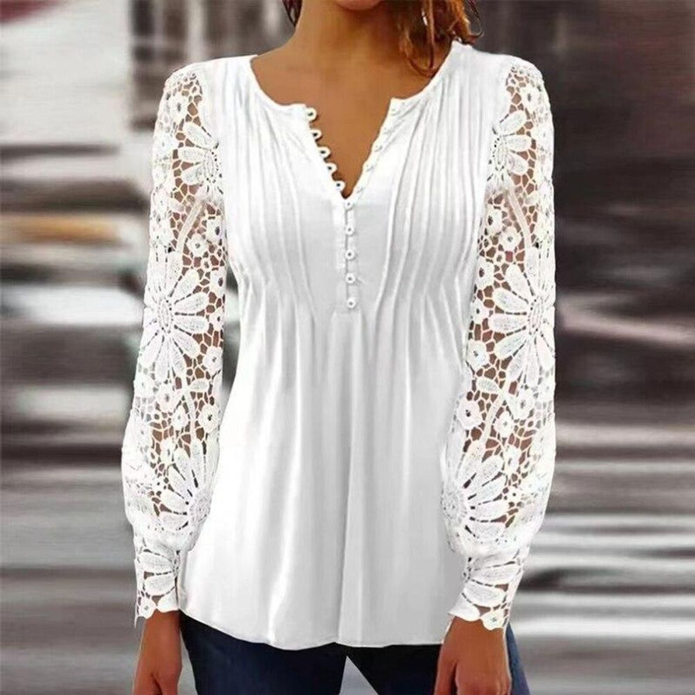 (L, white) Fashion Hollow Out Woman Lace Blosue Long Sleeve Tops V Neck Solid Pleated Vintage Blouses Women Casual Slim White Shirt 24815
