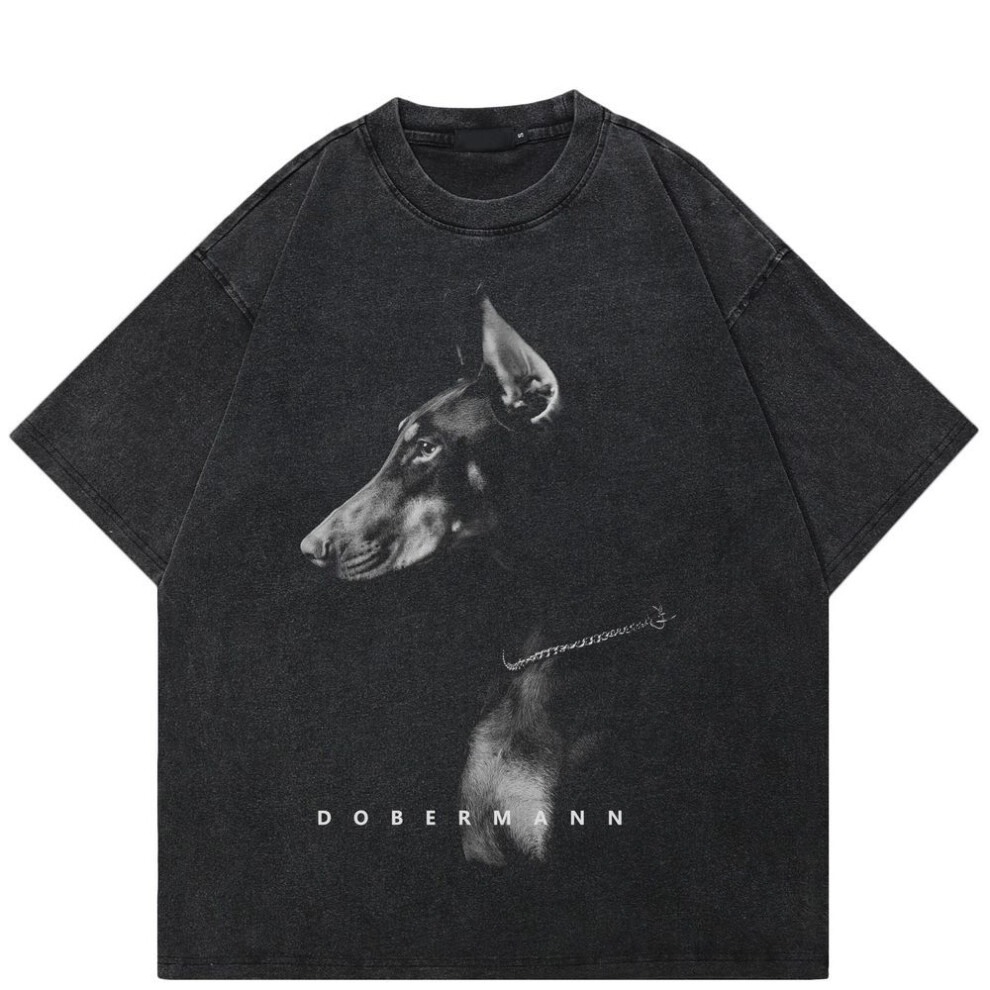 (S, black) Streetwear Dobermann Graphic Unisex T-Shirt Cotton Washed Black Tshirt Unisex Tops Tees Summer Short Sleeves T Shirt