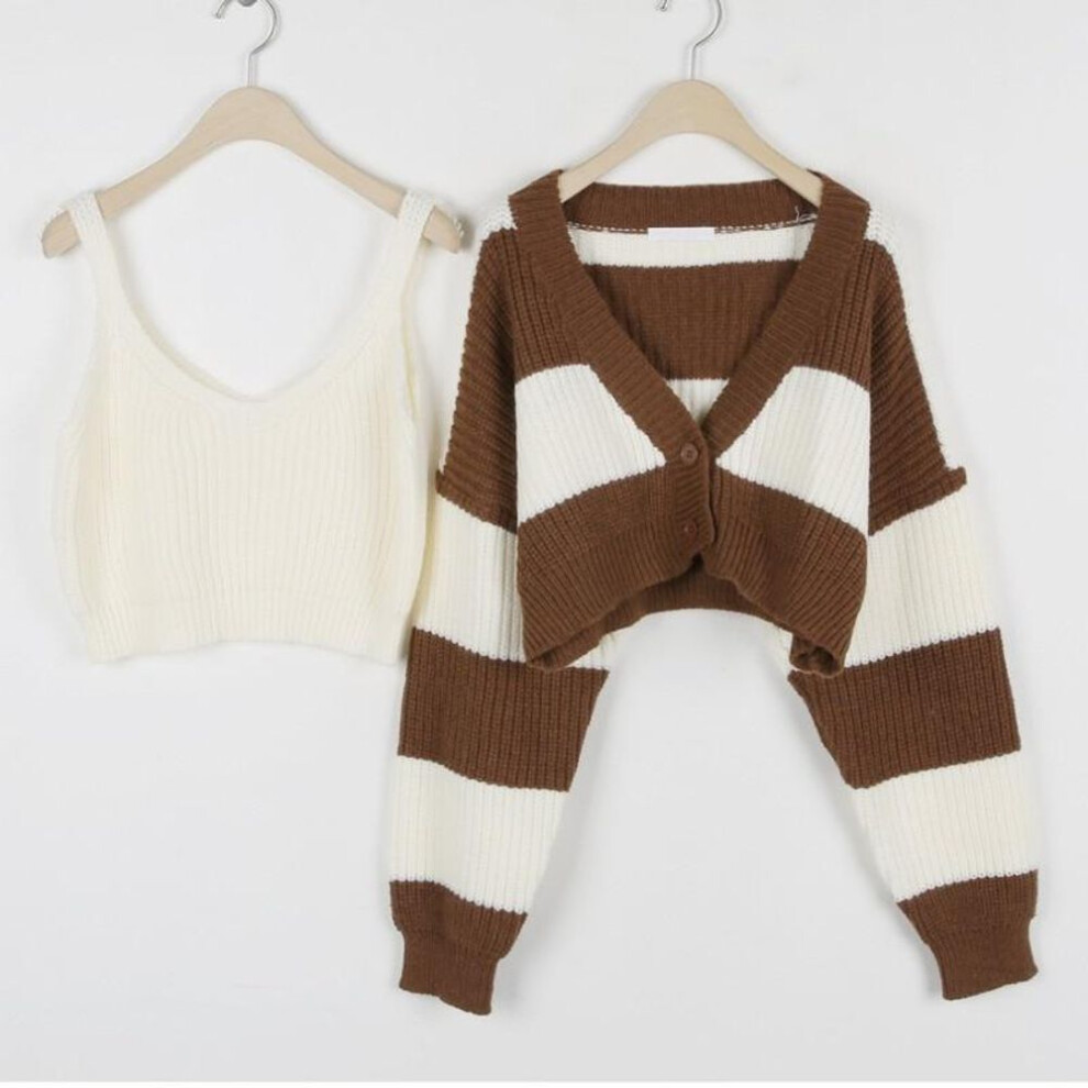 (One Size, dark brown) Fashion Casual Stripe Two Piece Sweater Women 2023 Autumn Loose Knitted Cardigan Long Sleeve V Neck Crop Cardigans Set 28265