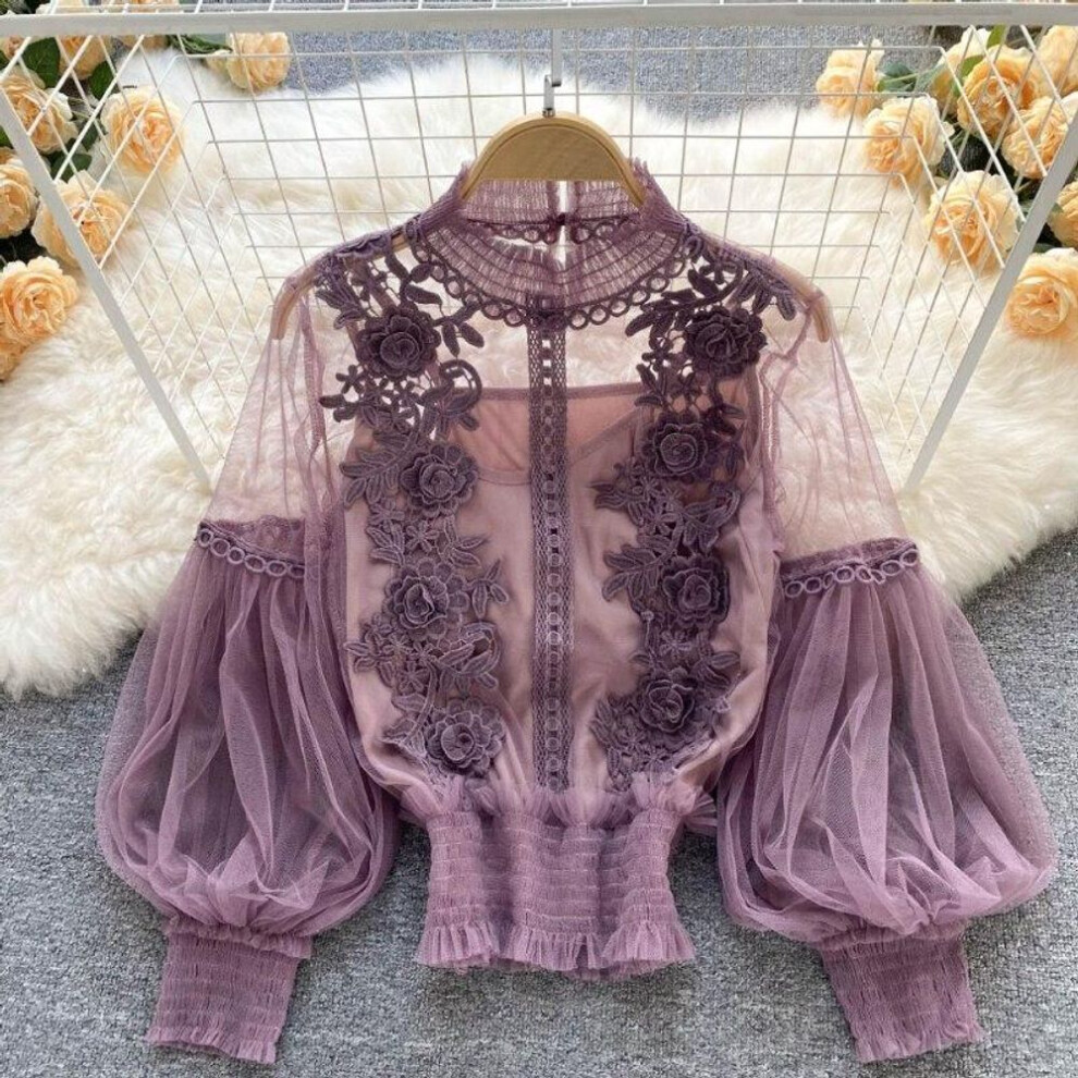 (One Size, purple) Elegant Floral Mesh Long Sleeve Short Blouse Sweet Women Lantern Sleeve Lace Shirts Ladies See Through Mesh Blouse Tops 25914