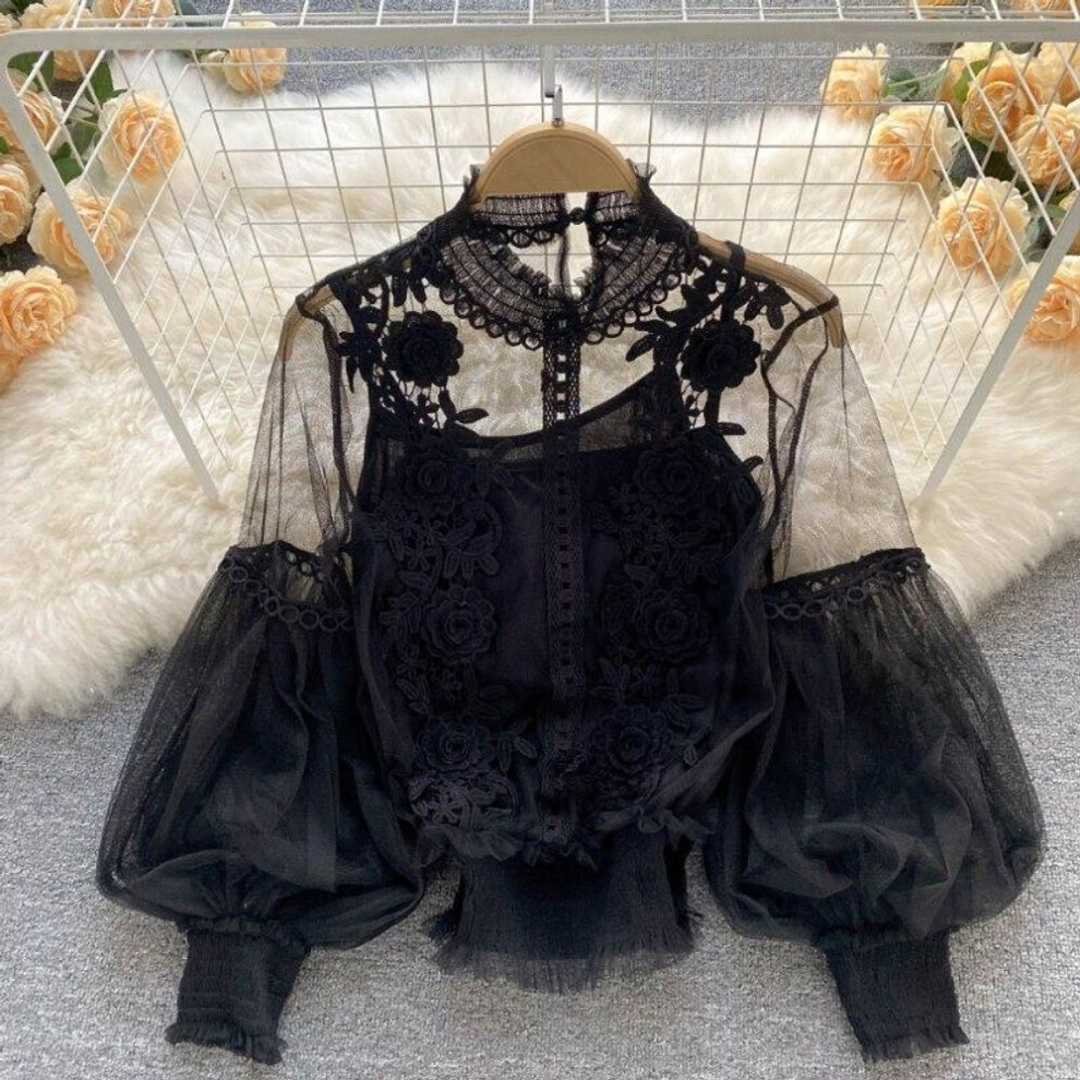 (One Size, black) Elegant Floral Mesh Long Sleeve Short Blouse Sweet Women Lantern Sleeve Lace Shirts Ladies See Through Mesh Blouse Tops 25914