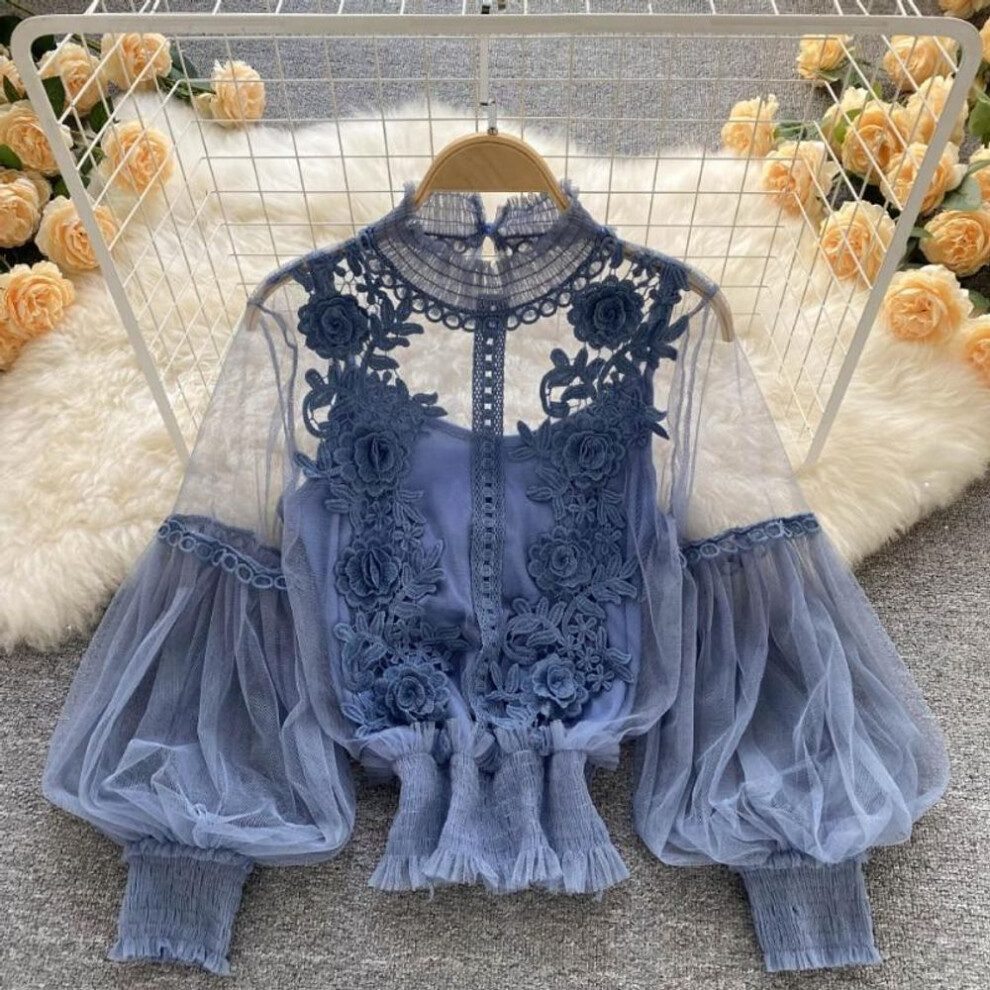 (One Size, blue) Elegant Floral Mesh Long Sleeve Short Blouse Sweet Women Lantern Sleeve Lace Shirts Ladies See Through Mesh Blouse Tops 25914