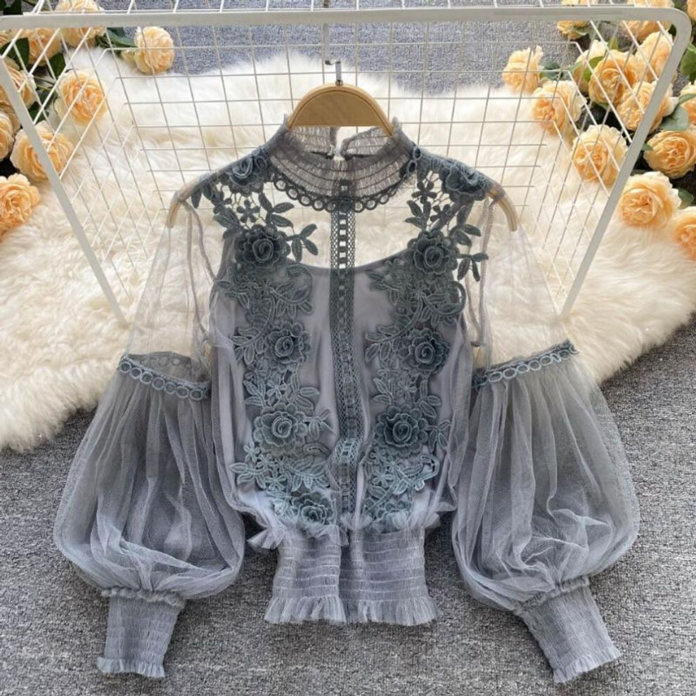 (One Size, grey) Elegant Floral Mesh Long Sleeve Short Blouse Sweet Women Lantern Sleeve Lace Shirts Ladies See Through Mesh Blouse Tops 25914
