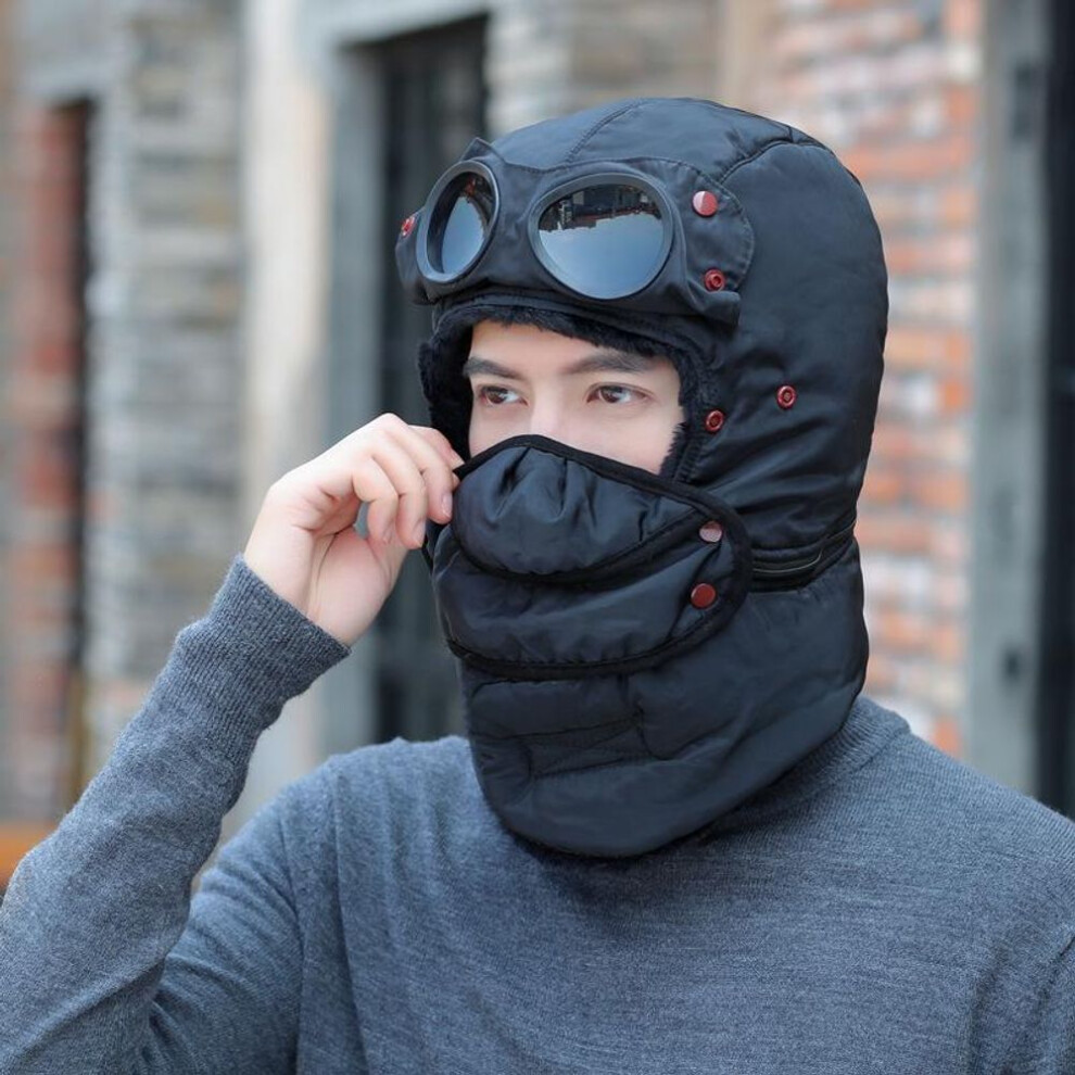 (black) Winter Thermal Trapper Hat With Glasses Winter Cycling Windproof Ski Mask Cap