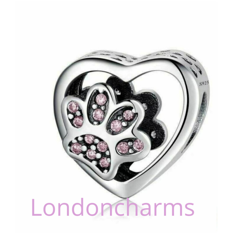 Dog cat pink paw print bead sterling silver charm for pandora bracelet