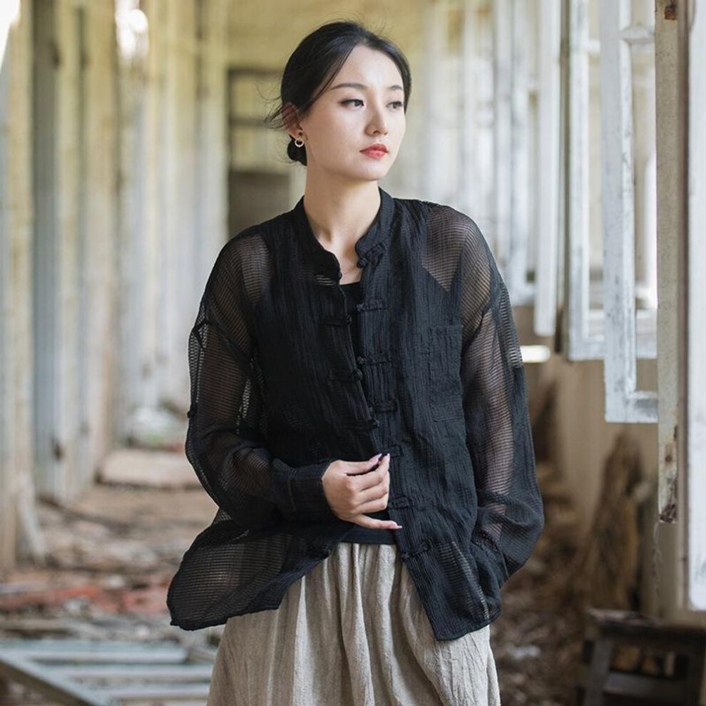 (One Size, black) Johnature Women Summer Shirts Stand Long Sleeve Solid Color Long Sleeve Vintage Blouses Button Loose Women Shirts