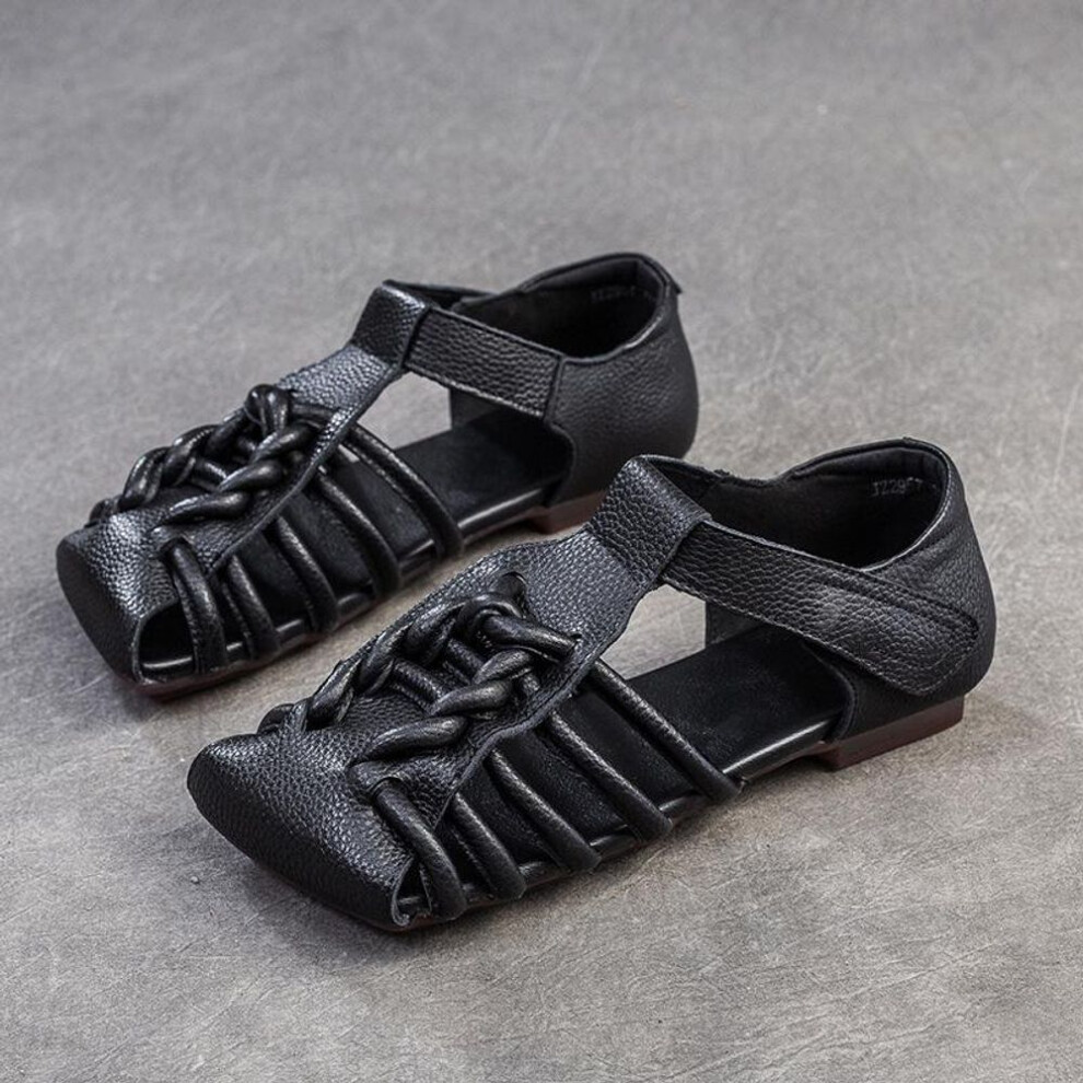 (black, 39) Johnature Square Toe Woven Roman Shoes Breathable Hollow Vintage Genuine Leather Sandals Soft Soled Women&apos;s Shoes