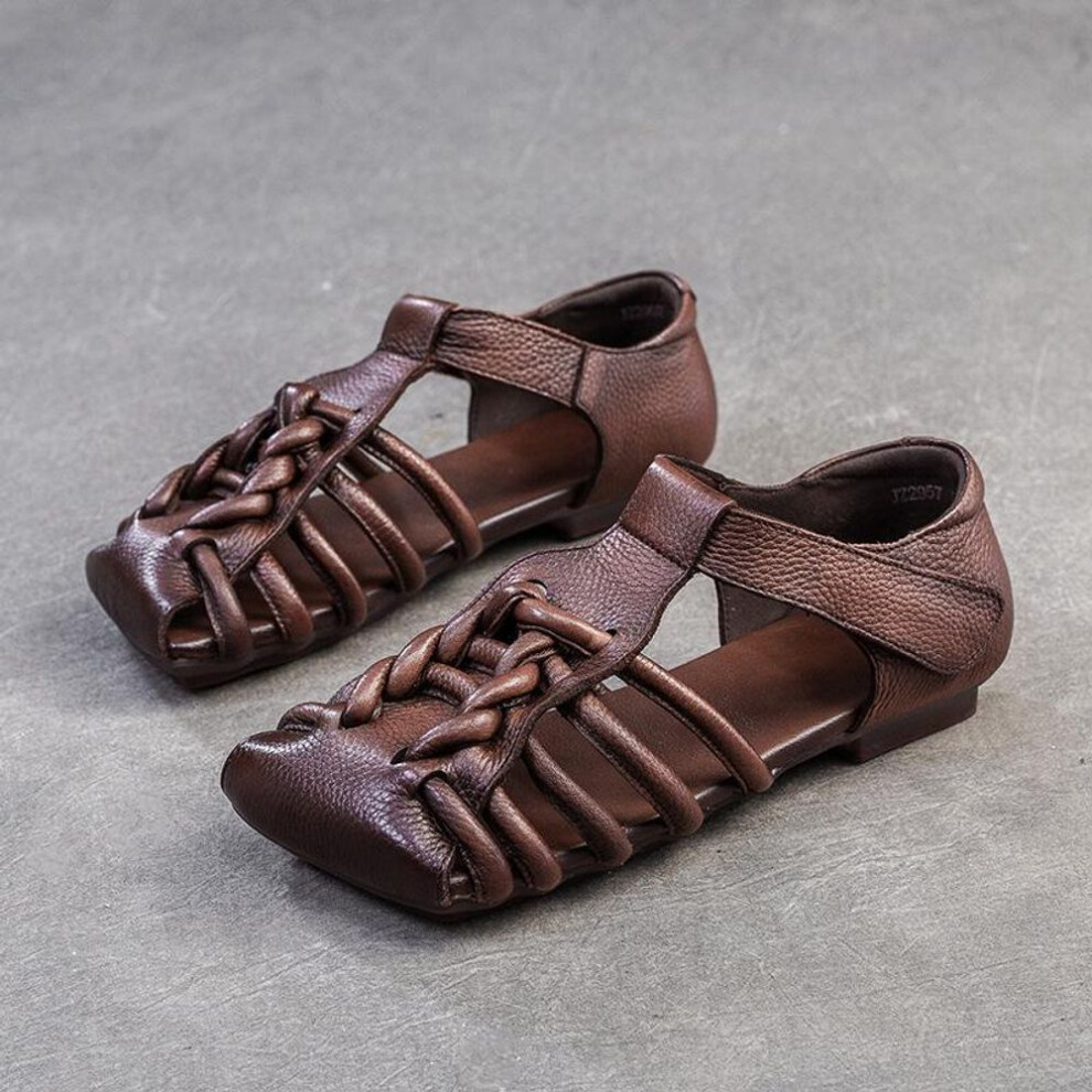 (brown, 39) Johnature Square Toe Woven Roman Shoes Breathable Hollow Vintage Genuine Leather Sandals Soft Soled Women&apos;s Shoes