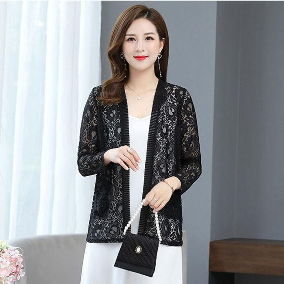(6XL, black) Women&apos;s Summer Thin Lace Cardigan Long-sleeved Jacket Shawl Plus Size Outer Matching Skirt Top