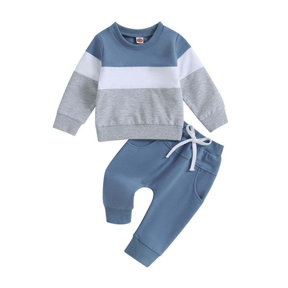 (blue, 0-6 Months) Baby Boys Spring 2 Piece Outfits 6m 12m 18m 24m 3y Contrast Color Long Sleeve Sweatshirt And Elastic Pants For Toddler Fall Clothes