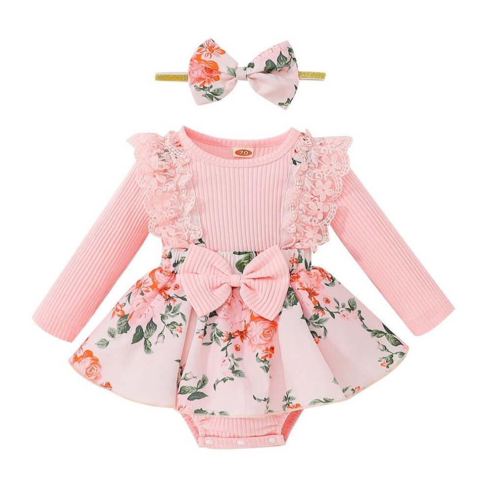 (pink, 6-12 Months) Newborn Girl Dress Style Romper Outfits, Long Sleeve Lace Patchwork Floral Pattern Bodysuit + Bow-knot Headband Set