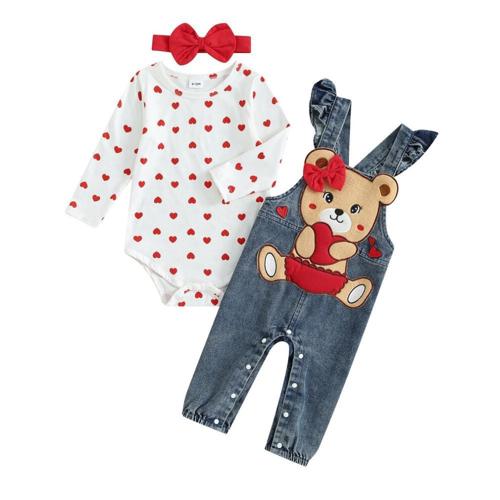 (white, 9-12 Months) Baby Girl Valentine&apos;s Day Clothes 3m 6m 9m 12m 18m Heart Print Long Sleeve Romper With Bear Embroidery Denim Overalls Pants Headband
