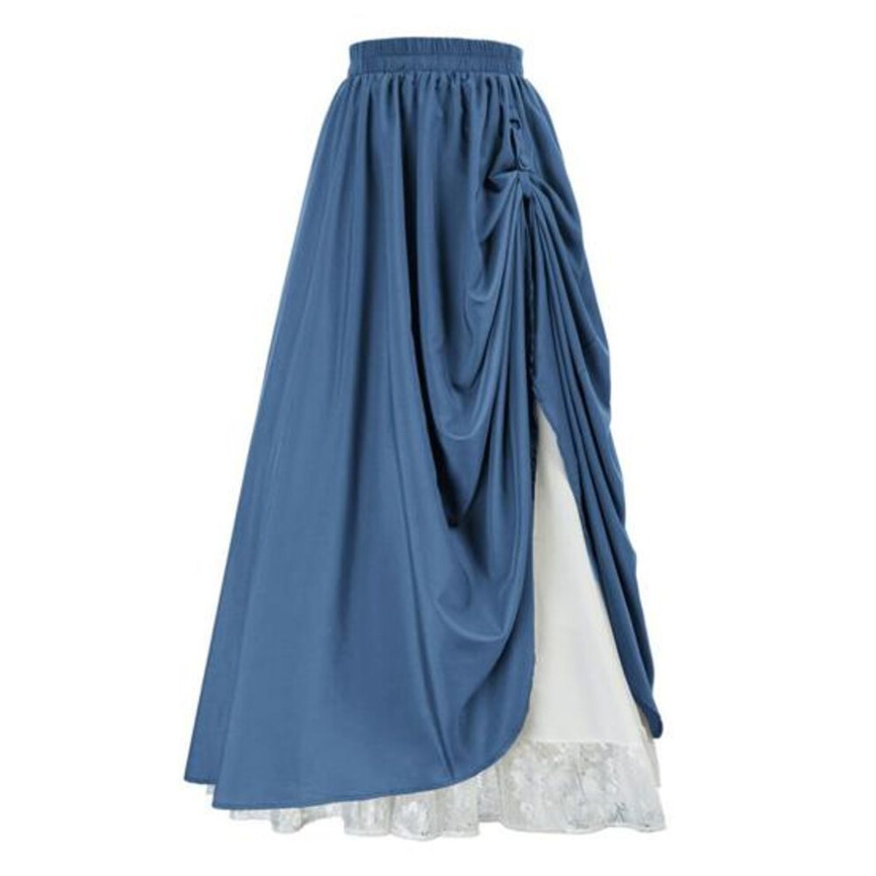 (L, blue) Women Lace Stitching Side Pleated Maxi Skirt Solid Color Double Layer Long Skirt Elastic High Waist Retro A Line Skirt