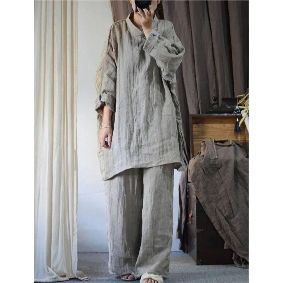 (One Size, khaki) Johnature Irregular Linen Vintage Chinese Style T-shirt Autumn Woman Fashion Distress Long Sleeves T-shirt