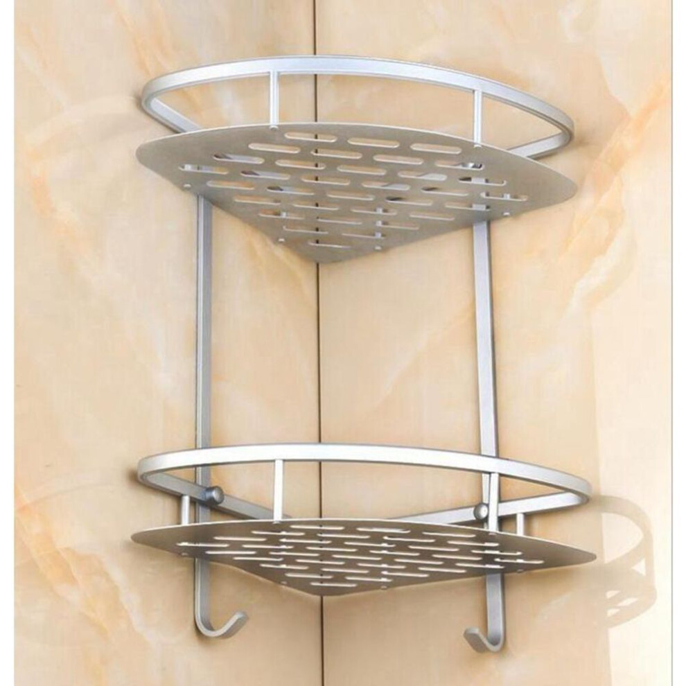 Bathroom Wall Triangle Shelf Aluminum Corner Storage Rack 2-Tier with Hook