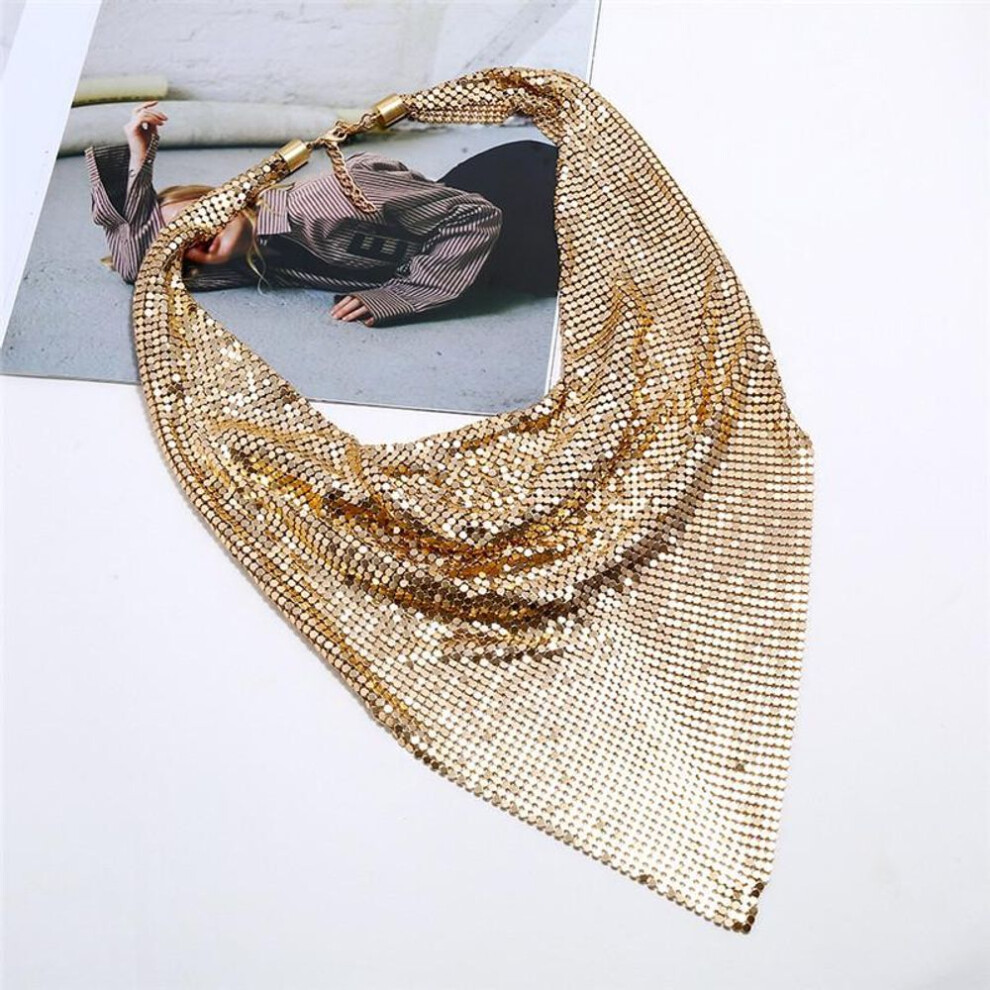 (gold) Women Sexy Punk Necklace Alloy Ladies Clavicle Necklace Exaggerate Fashion Sequined Silk Scarf Fish Scale Necklace