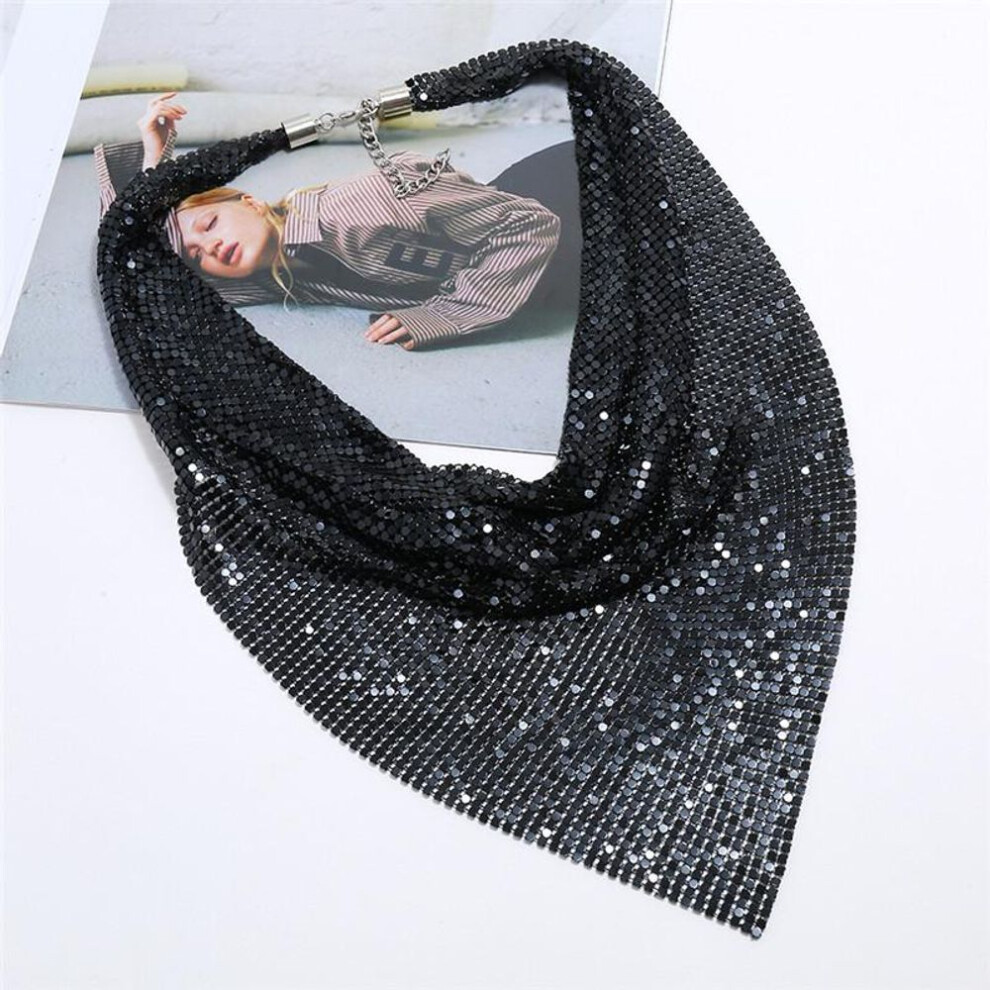 (black) Women Sexy Punk Necklace Alloy Ladies Clavicle Necklace Exaggerate Fashion Sequined Silk Scarf Fish Scale Necklace