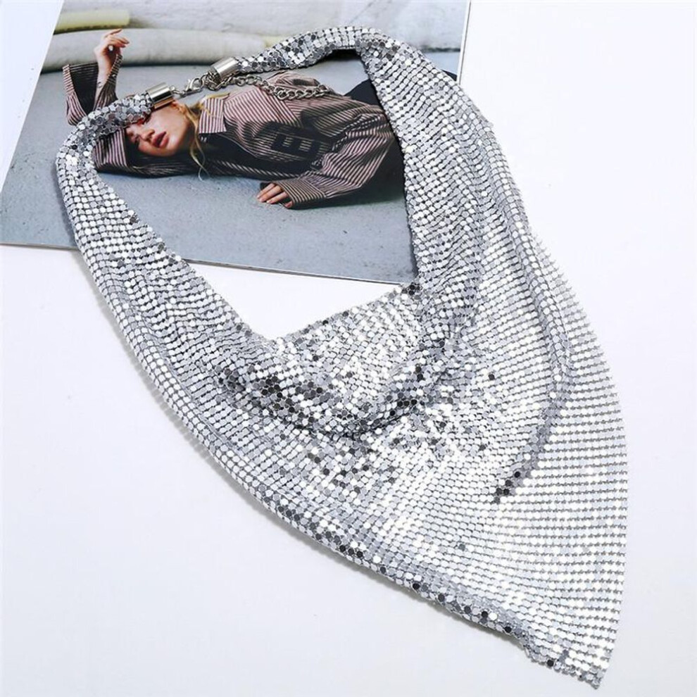 (silver) Women Sexy Punk Necklace Alloy Ladies Clavicle Necklace Exaggerate Fashion Sequined Silk Scarf Fish Scale Necklace