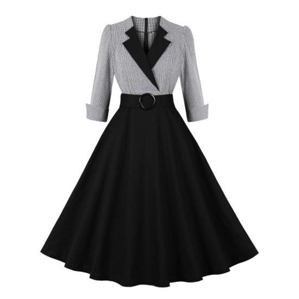 (black, L) Women Dress Plad Print Belted High Waist A-line Big Hem Patchwork Three Quarter Sleeve Color Matching Back Zipper Retro Lapel Prom Party Midi Dress
