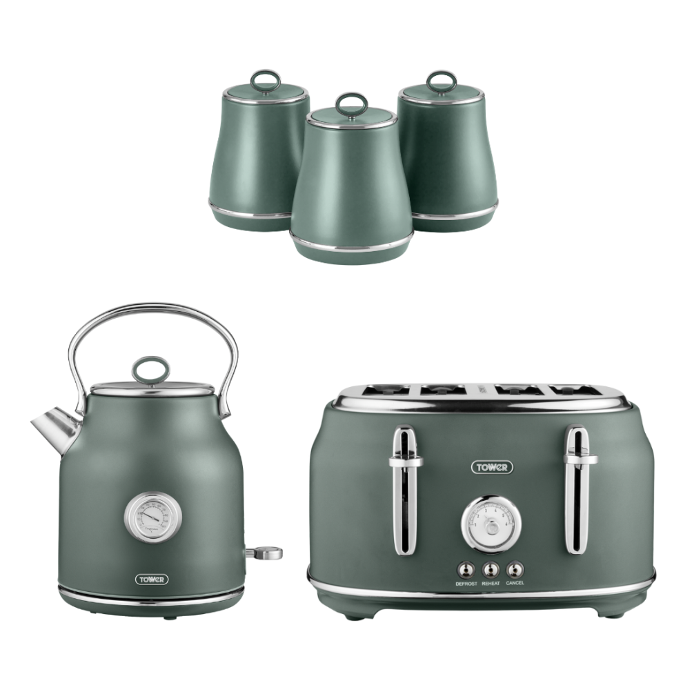 Tower Renaissance Green Kettle, 4 Slice Toaster Canisters Kitchen Set