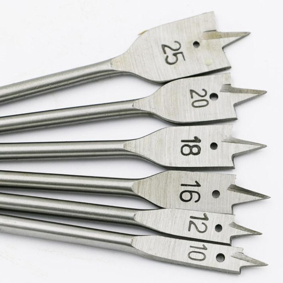 (silver) 6pc Wood Flat Drill Sets 10mm 12mm 16mm 18mm 20mm 25mm Paddle Boring Bit Tools With Hex Shank