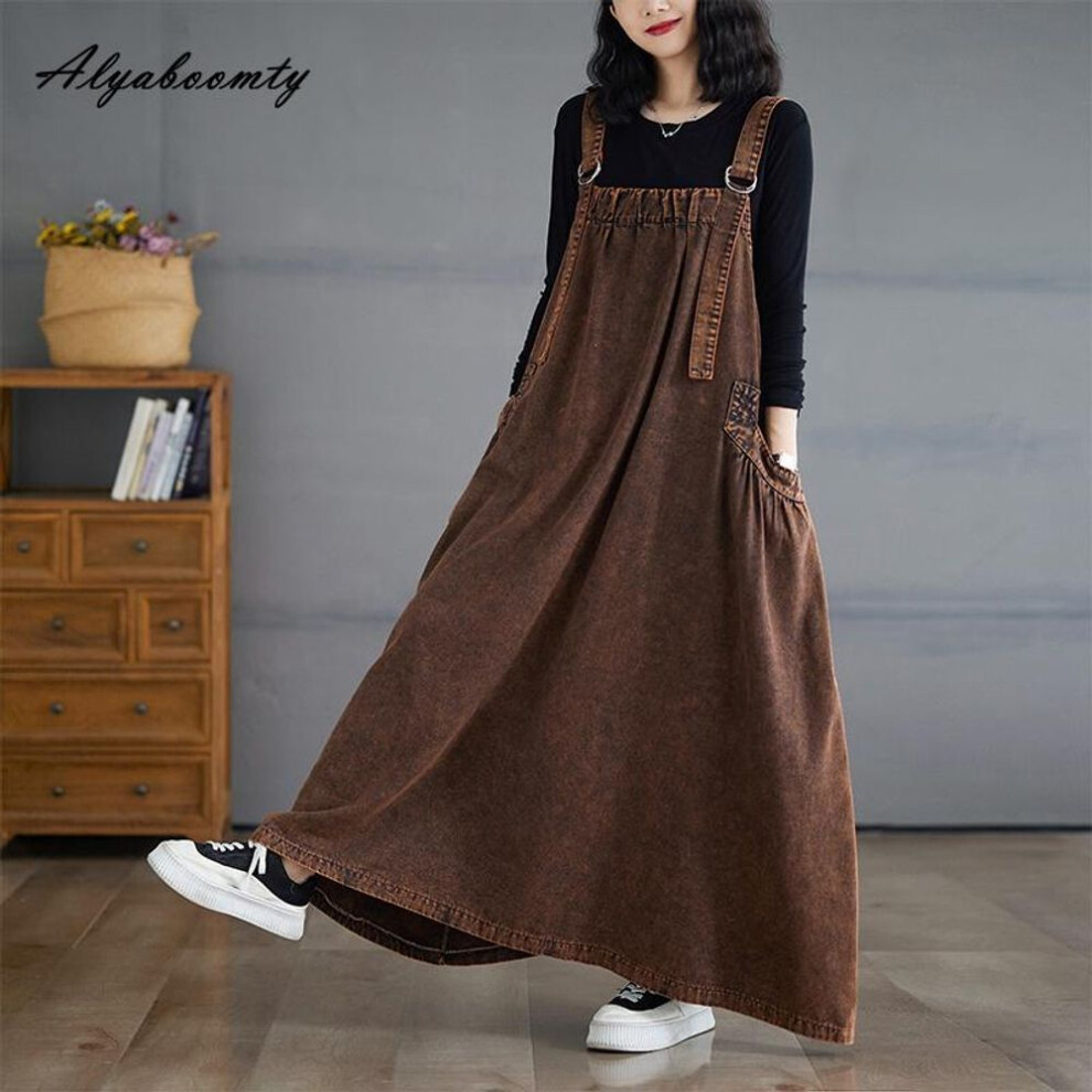 (as the picture, XXL) Korean Style Autumn Winter Women Plus Size Midi Sundress Suspenders Brown Blue Green Casual Loose Dress Sleeveless Stylish Baggy Denim Dress