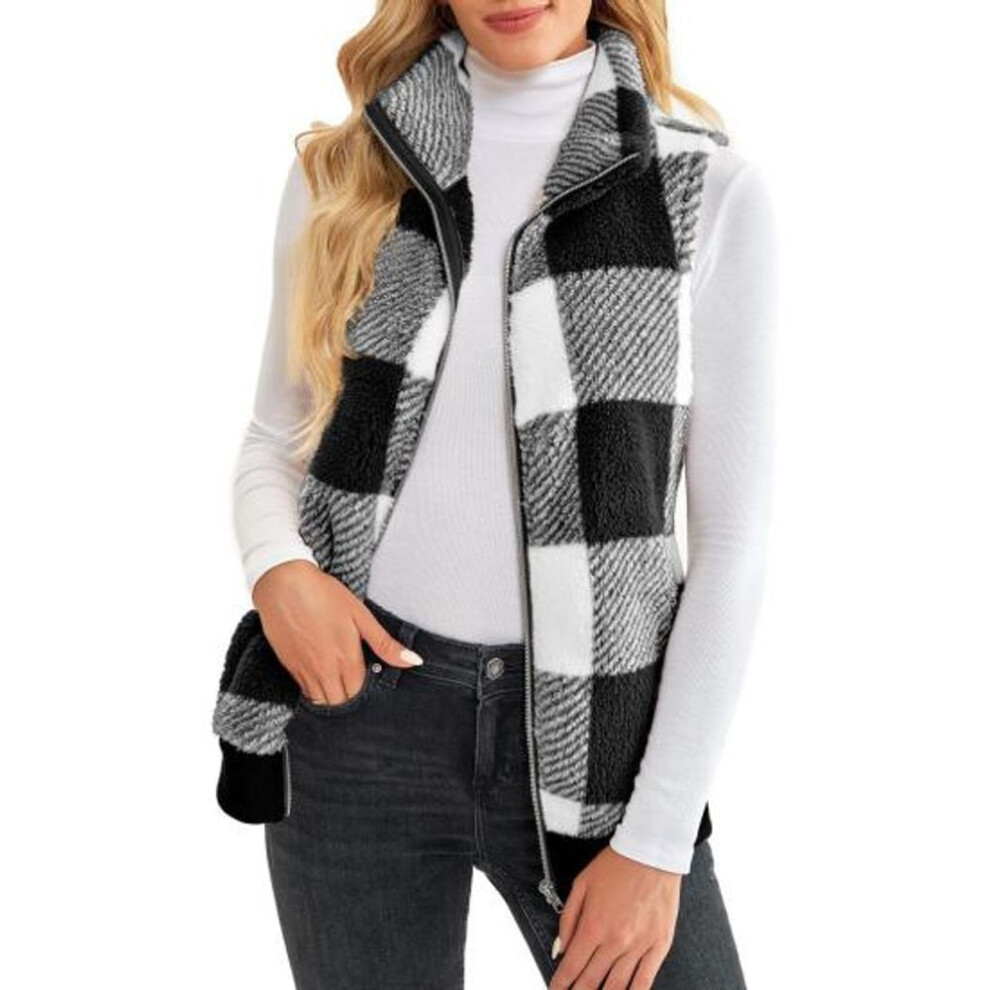 (black, 3XL) Women Fall Winter Vest Coat Sleeveless Stand Collar Thick Plush Neck Protection Zipper Closure Cardigan Color Matching Plaid Pockets Lady Waistcoat