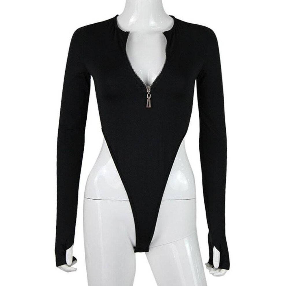 (as the picture, M) Summer New Cross Border European And American Women&apos;s Long Sleeve Slim Fit Bodysuit Sexy Spicy Girl Personalized Zipper Top