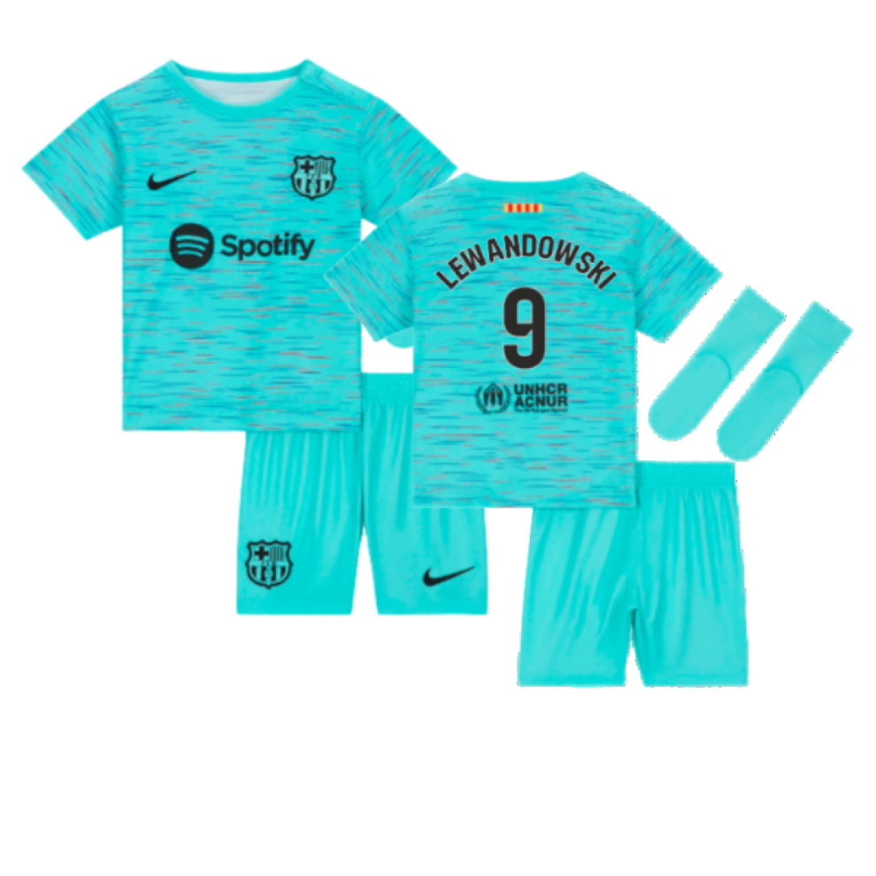 (3-6 Months) 2023-2024 Barcelona Infants Baby Third Kit (Lewandowski 9)