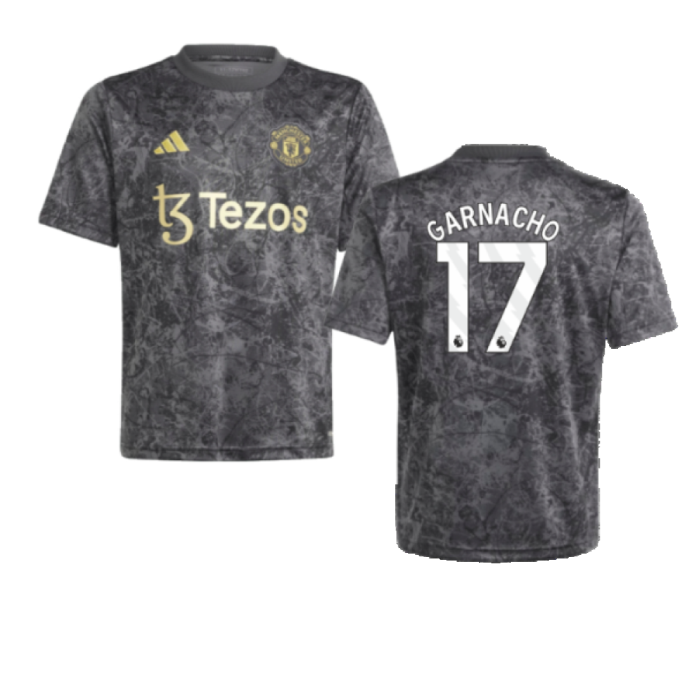 (SB) 2023-2024 Man Utd Pre-Match Shirt (Black) - Kids (Garnacho 17)