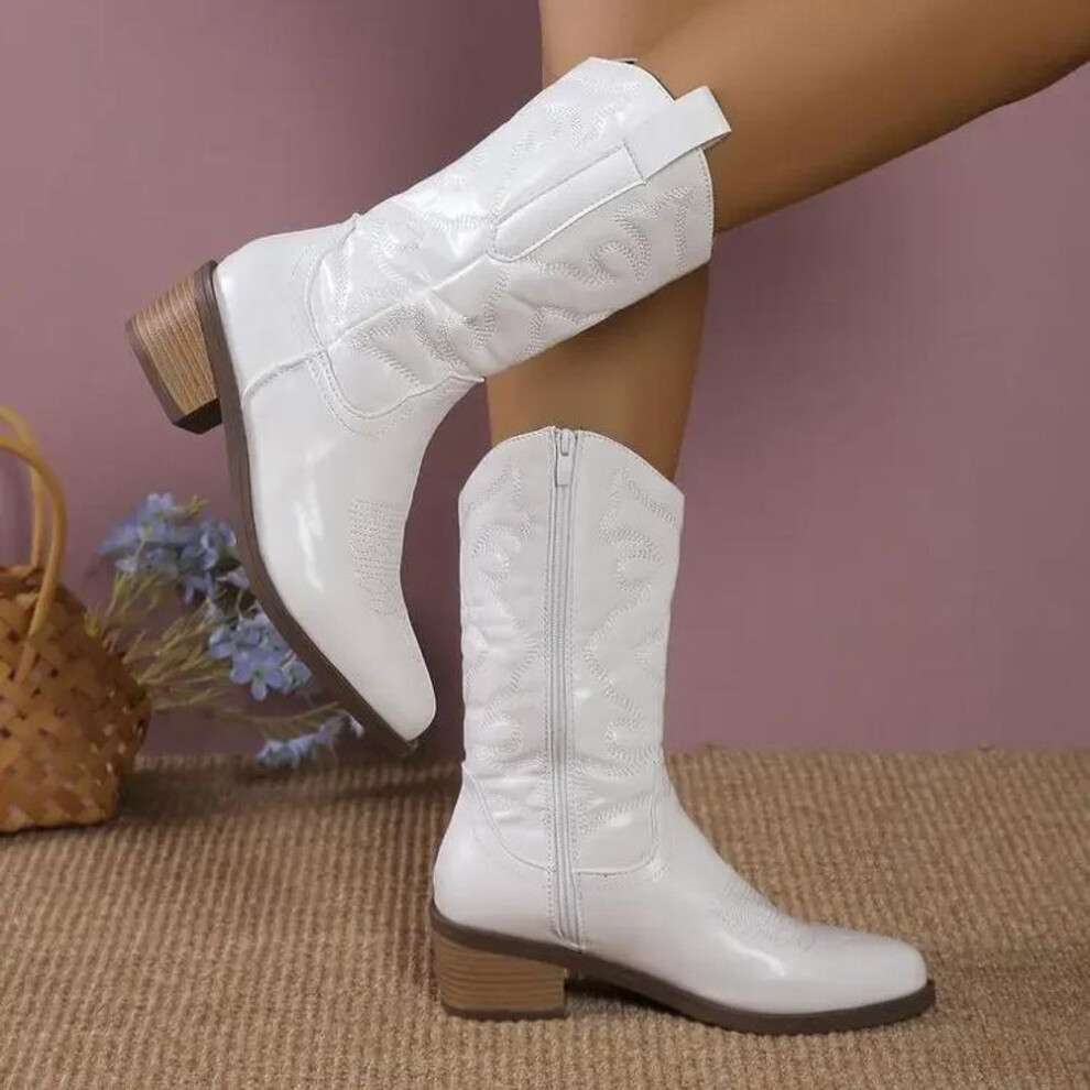 (white, 41) Shoes For Women  High Quality Gold Women&apos;s Boots Mid-calf Side Zipper Western Cowboy Boots Silver Retro Boots Woman Zapatos