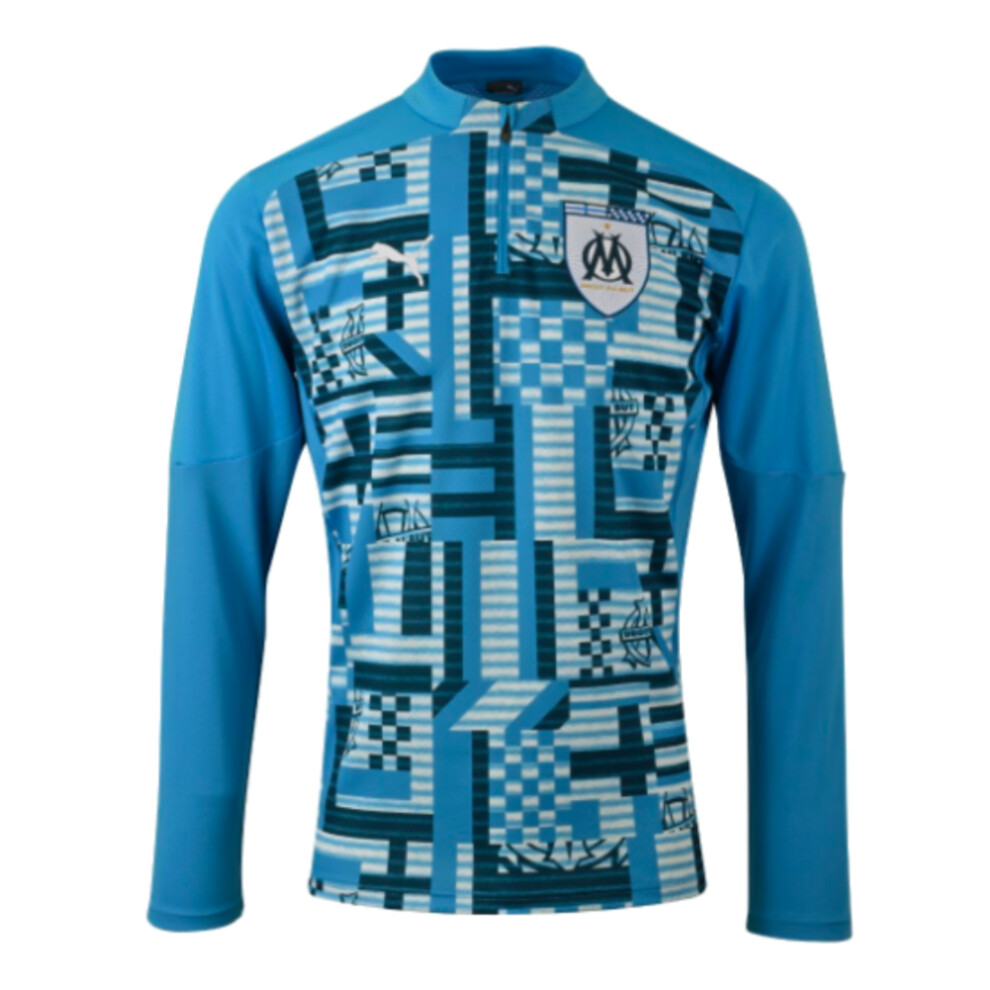 (XL) 2024-2025 Marseille Prematch 1/4 Zip Top (Bleu Azur)