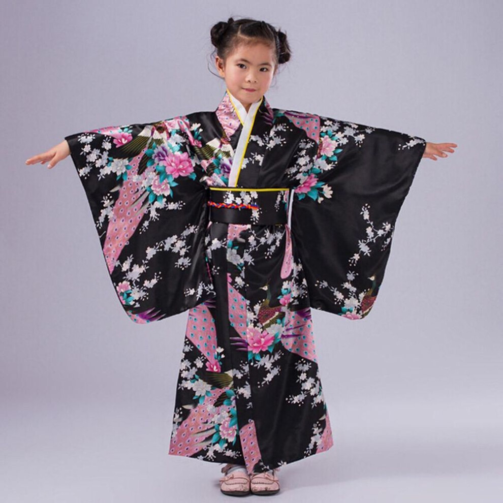 (130, black) Toddler Kids Baby Girls Outfits Clothes Kimono Robe Japanese Traditional Costume