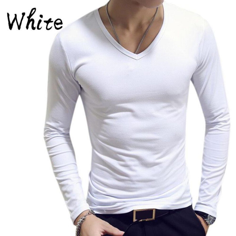 (white, 3XL) Elastic Mens T-shirt V-neck Long Sleeve Men T Shirt For Male Cotton T-shirts Man Clothing Tshirt Top Tees