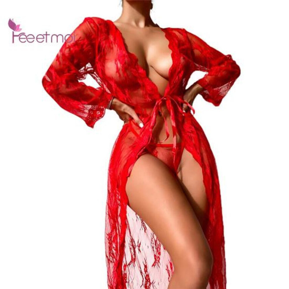(red, L) Lady Nightdress Lace Open Front Up Two Piece Transparent Floral Lace Sexy Nightdress Panties Set