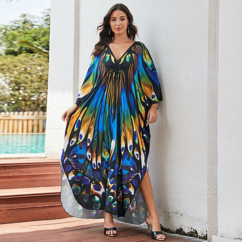(One Size, blue) Beach Kaftans For Women Printed Maxi Dresses Cover Ups For Swimwear Summer Vacation Bathing Suits Factory Supply Big Sales