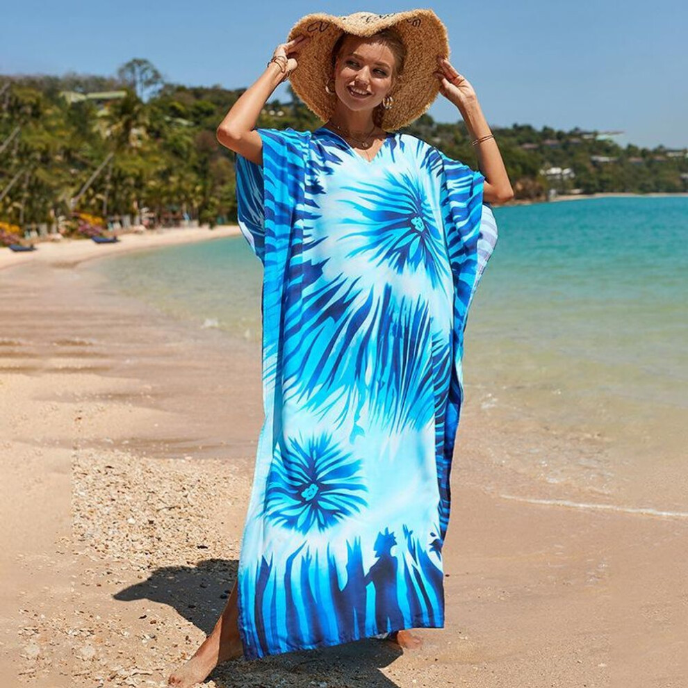 (One Size, white) Kaftan Beach Dress Rayon Women Boho Colorful Printed Plus Size Maxi Summer Bathing Suit Cover Up