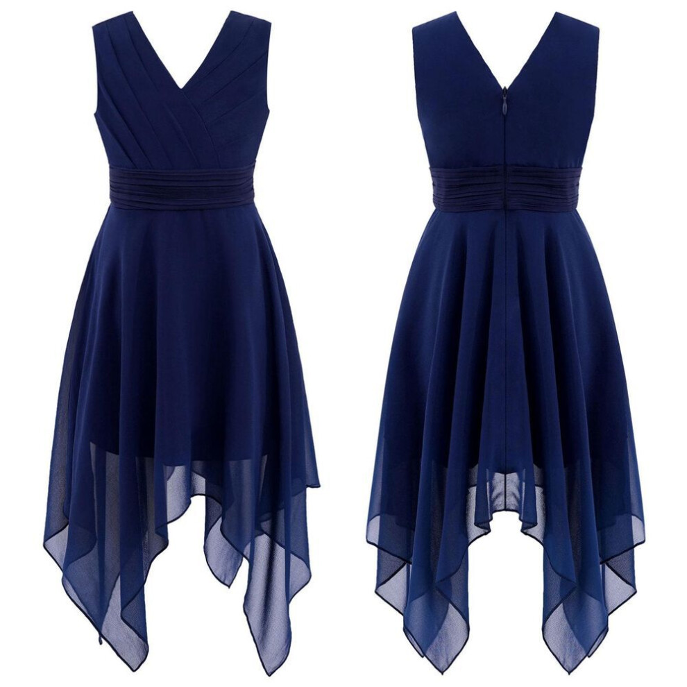 (navy blue, 10-12 Years) Flower Girls Dress Summer V-neck Chiffon Evening Dressbirthday Party Wedding Dresses Children Costume Elegant Princess Dresses