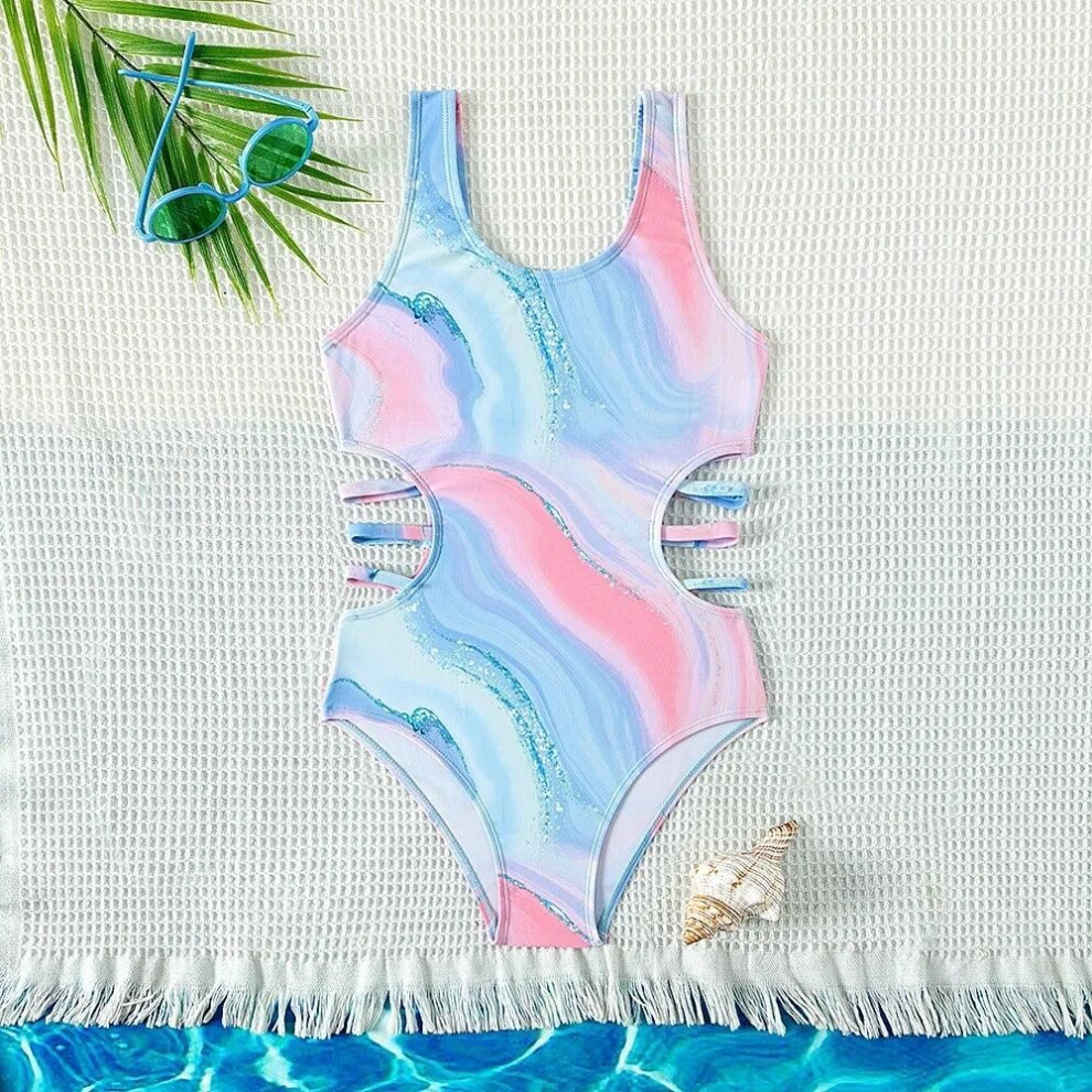 (blue, 9-10 years old) New Design kids Blue Tie-dye Print Beachwear One-piece Swimsuit for Teen Girls Swimwears Bathing Suits 5-15 Years