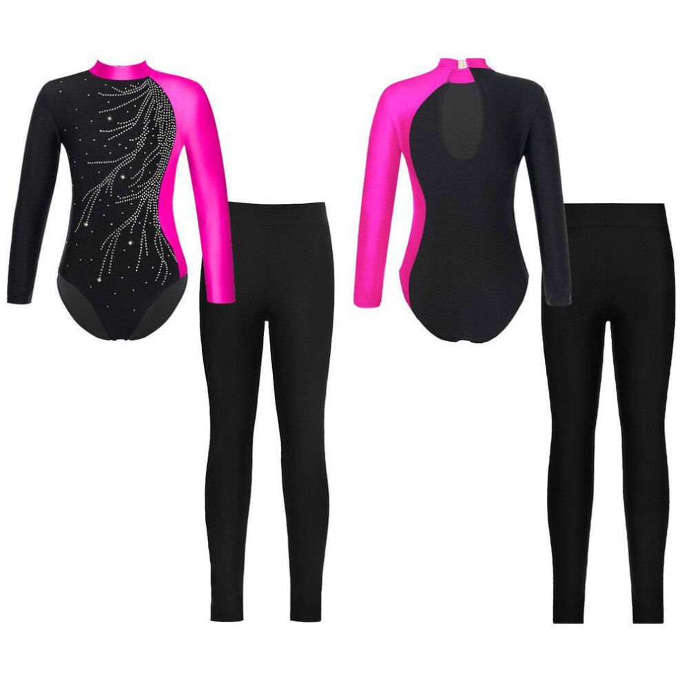 (rose,black, 9-10 Years) Kids Girls Children Biketard Gymnastics Long Sleeve Contrast Color Leotards With Leggings For Dance Skating