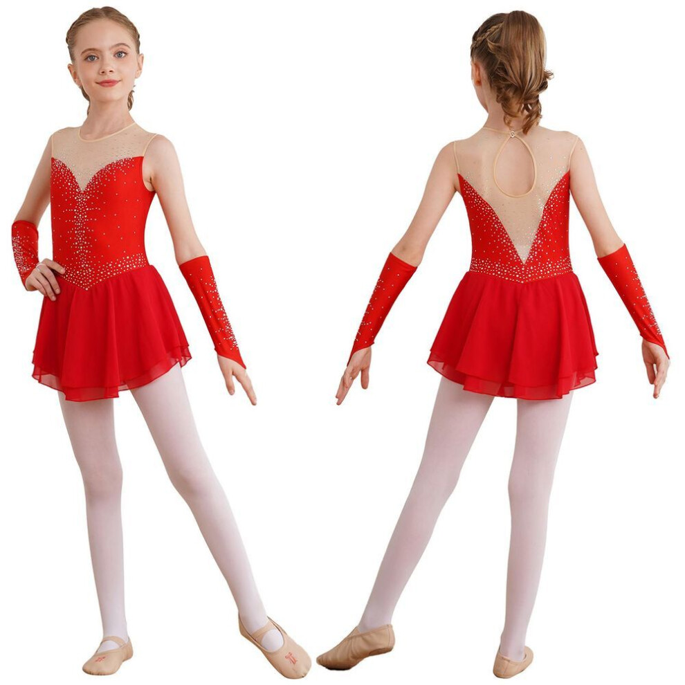 (red, 5-6 Years) Girls Ice Figure Skating Dress Ballet Dance Competition Gymnastics Rhinestone Leotard Dresses With Gloves