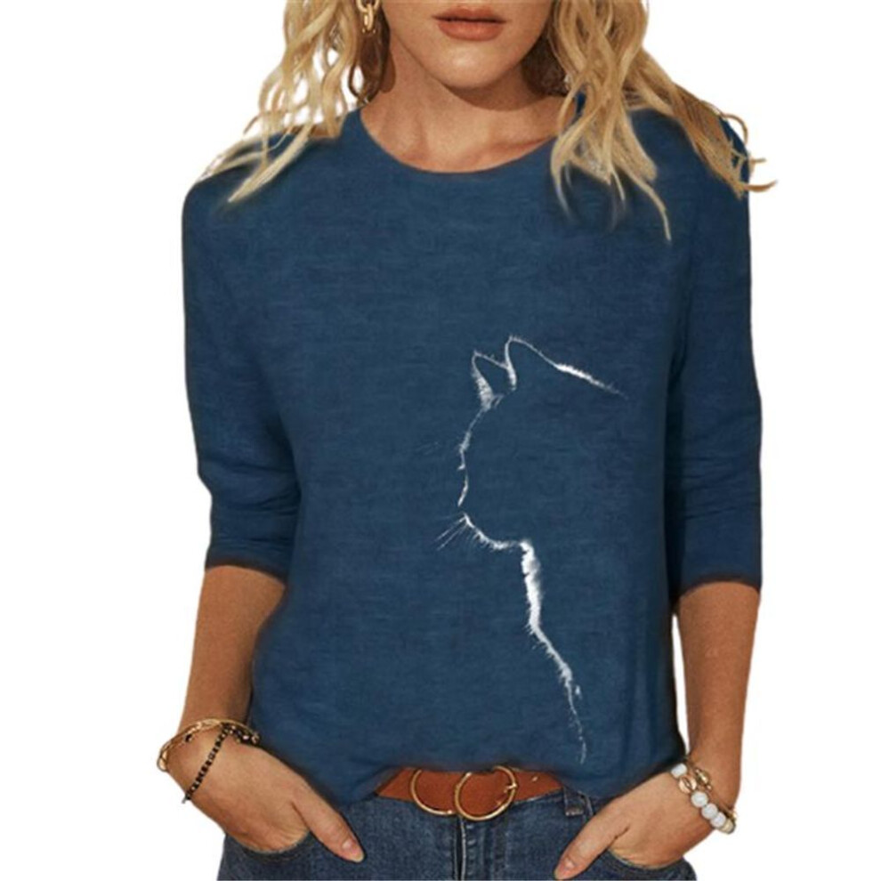 (L, blue) Women Clothes Spring Autumn Casual Pullovers Print Long Sleeve T-Shirts Ladies Fashion Tops