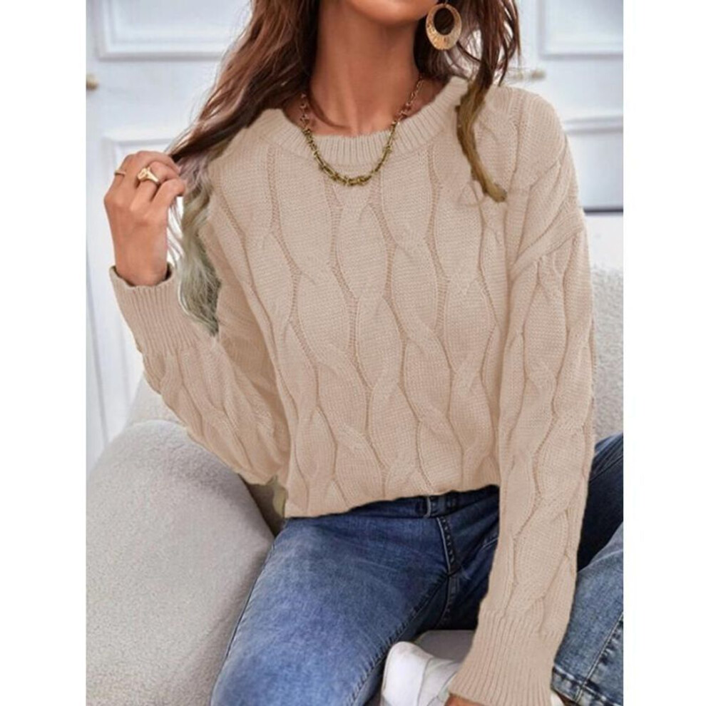 (M, light khaki) Womens Knitwear Cable Knit Sweater Autumn Round Neck Long Sleeve Pullover Tops Ladies Winter Casual Loose Jumper