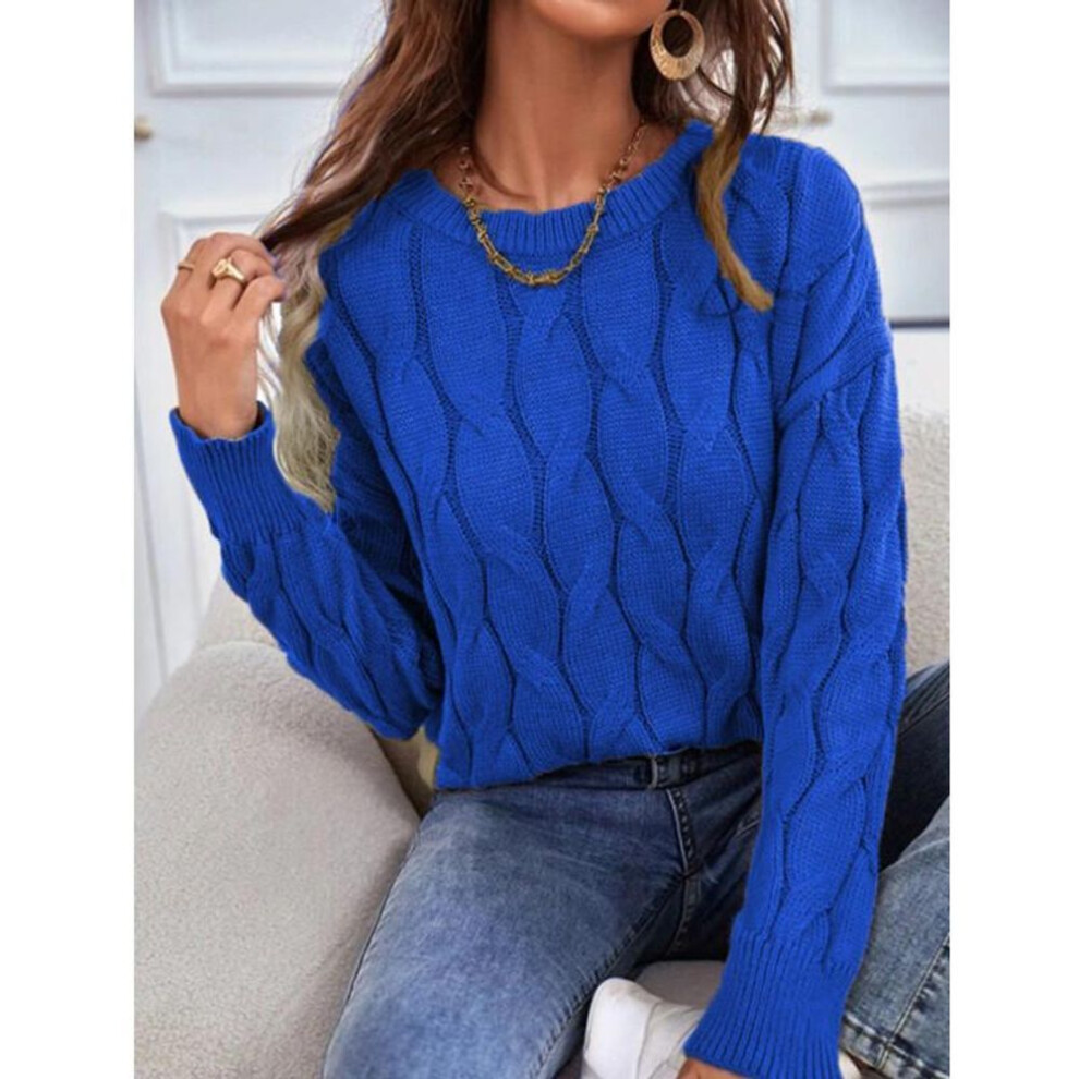 (M, blue) Womens Knitwear Cable Knit Sweater Autumn Round Neck Long Sleeve Pullover Tops Ladies Winter Casual Loose Jumper