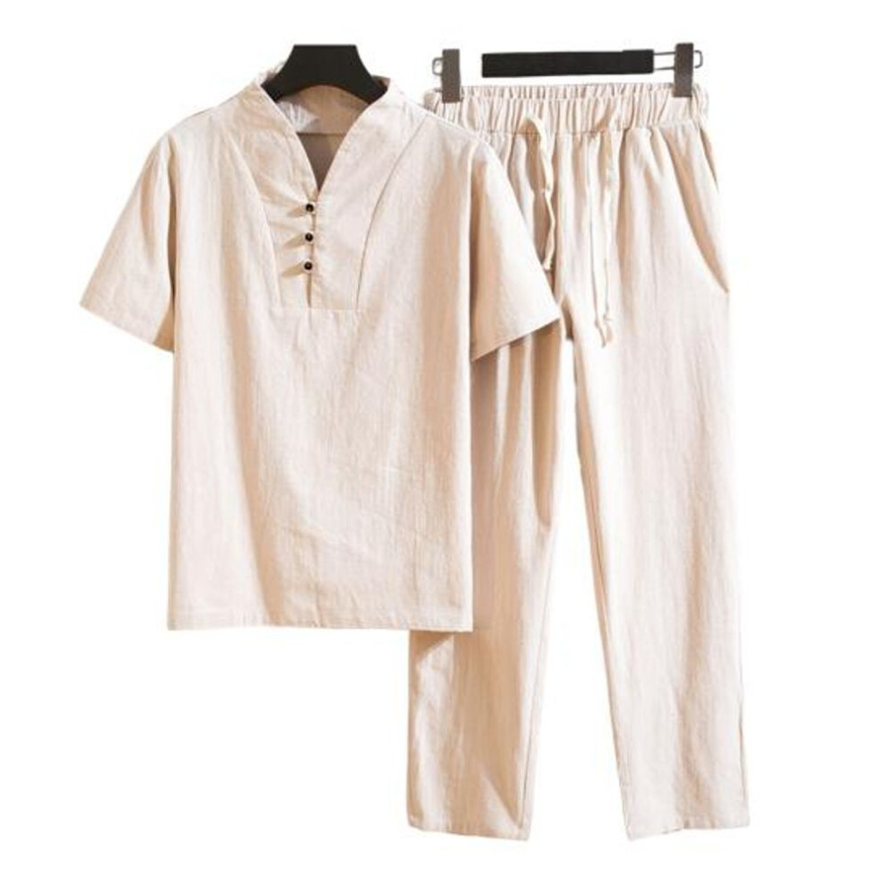 (L, khaki) T-shirt Trousers Suit Trendy Pockets Buttons Men Summer Tracksuit Pure Color Shirt Pants Set Men Shirt Pants Set Men Clothes