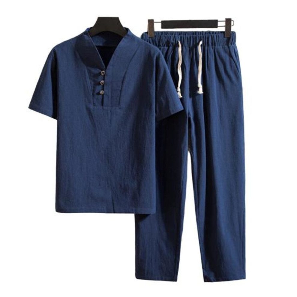(L, navy blue) T-shirt Trousers Suit Trendy Pockets Buttons Men Summer Tracksuit Pure Color Shirt Pants Set Men Shirt Pants Set Men Clothes