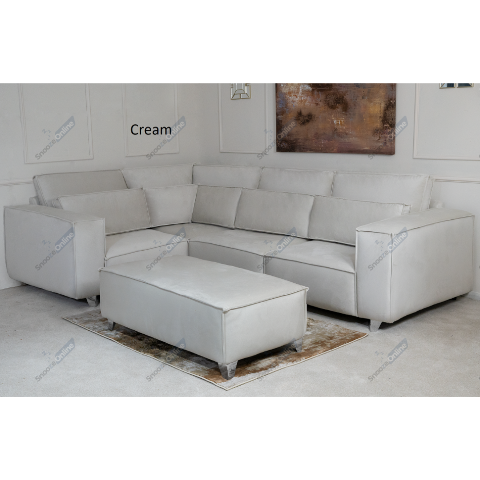 (Cream Velvet, Footstool) SNOOZE Online Velvet Sloane 3 and 2 Seater Sofa Sets, Corner Sofas For Living Room, Upholstered Plush Fabric 3 Seater Velvet Sofas