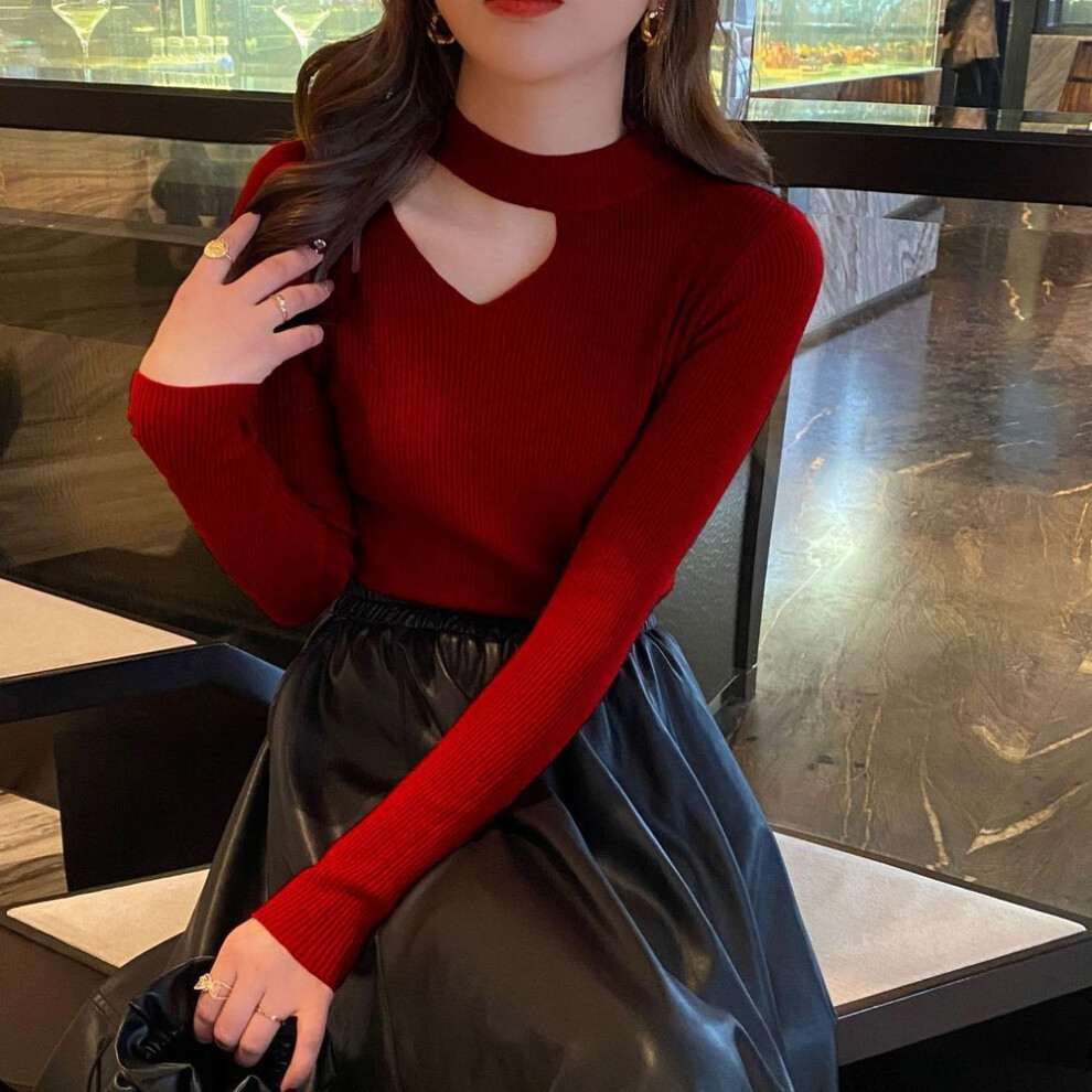 (OneSize, red) Spring Autumn Women Sweater Halter Neck Design Hollow Out Solid Color Long Sleeve Slim Bottoming Knitted Tops
