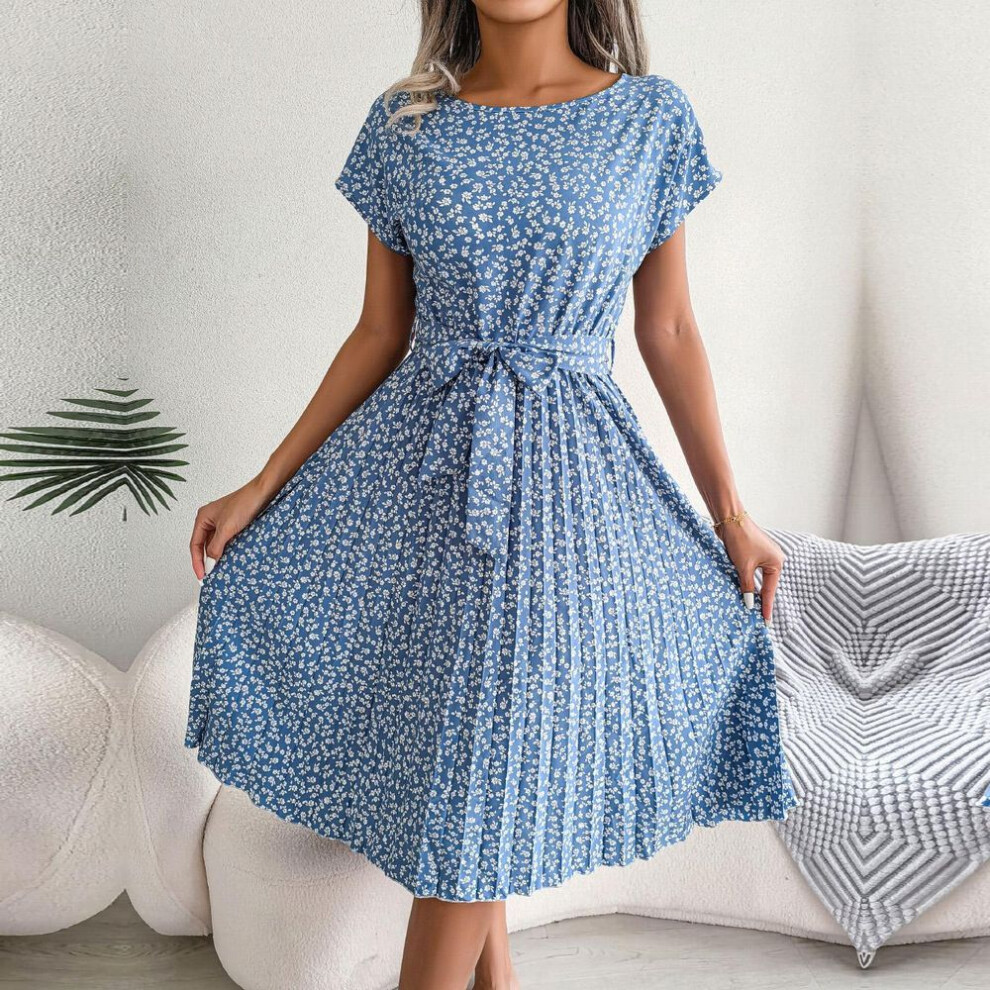 (blue, XL) Spring Summer Women Short Sleeve Floral Pleated High Waist A Line Long Dress S-XL